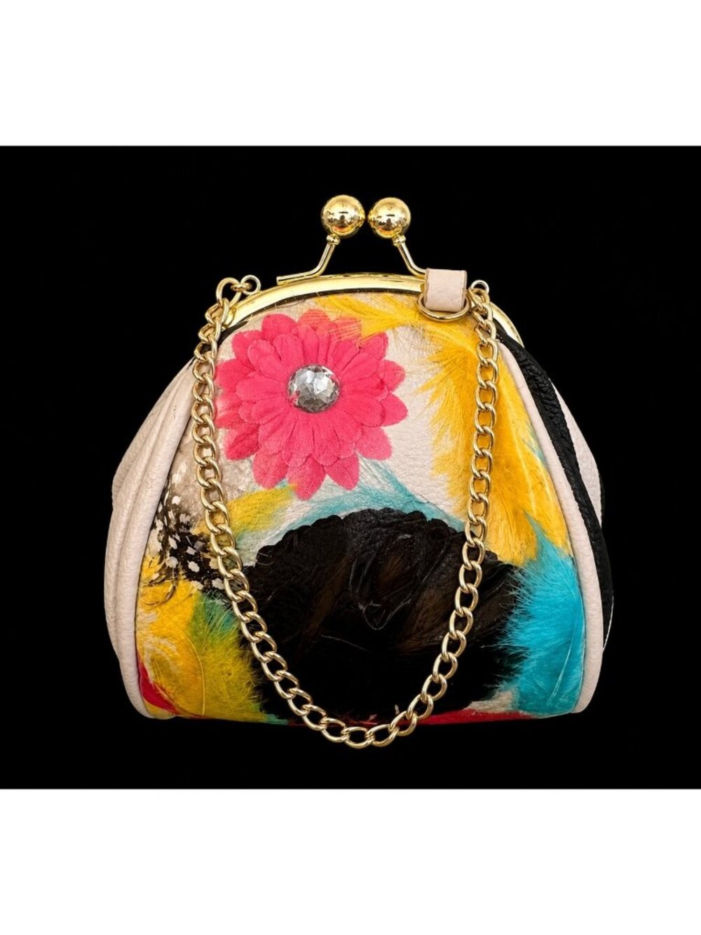 Vtg Betsey Johnson Faux Striped Leather & Encased 3d Silk Flowers Wristlet Purs